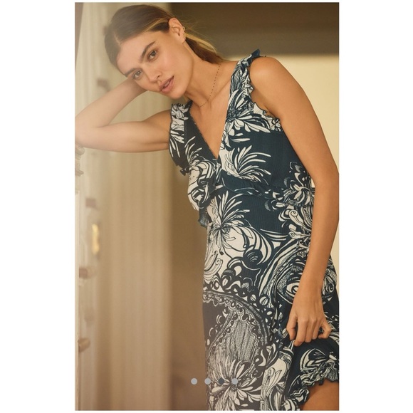 New Anthropologie Plunge V-Neck Ruffle A-Line Dress summer size small anthro - Picture 3 of 5